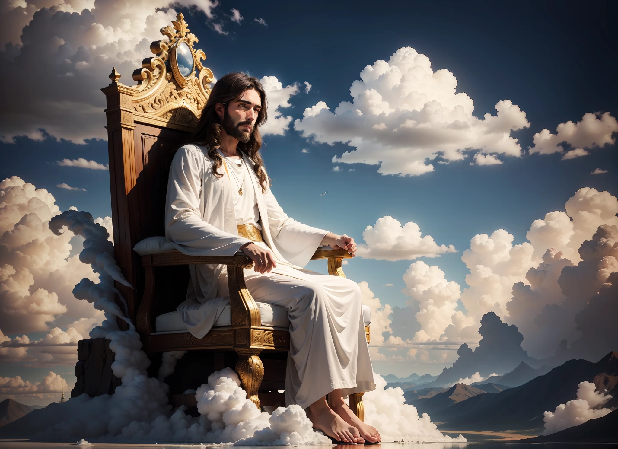 Jesus sitzt auf dem Thron in den Wolken