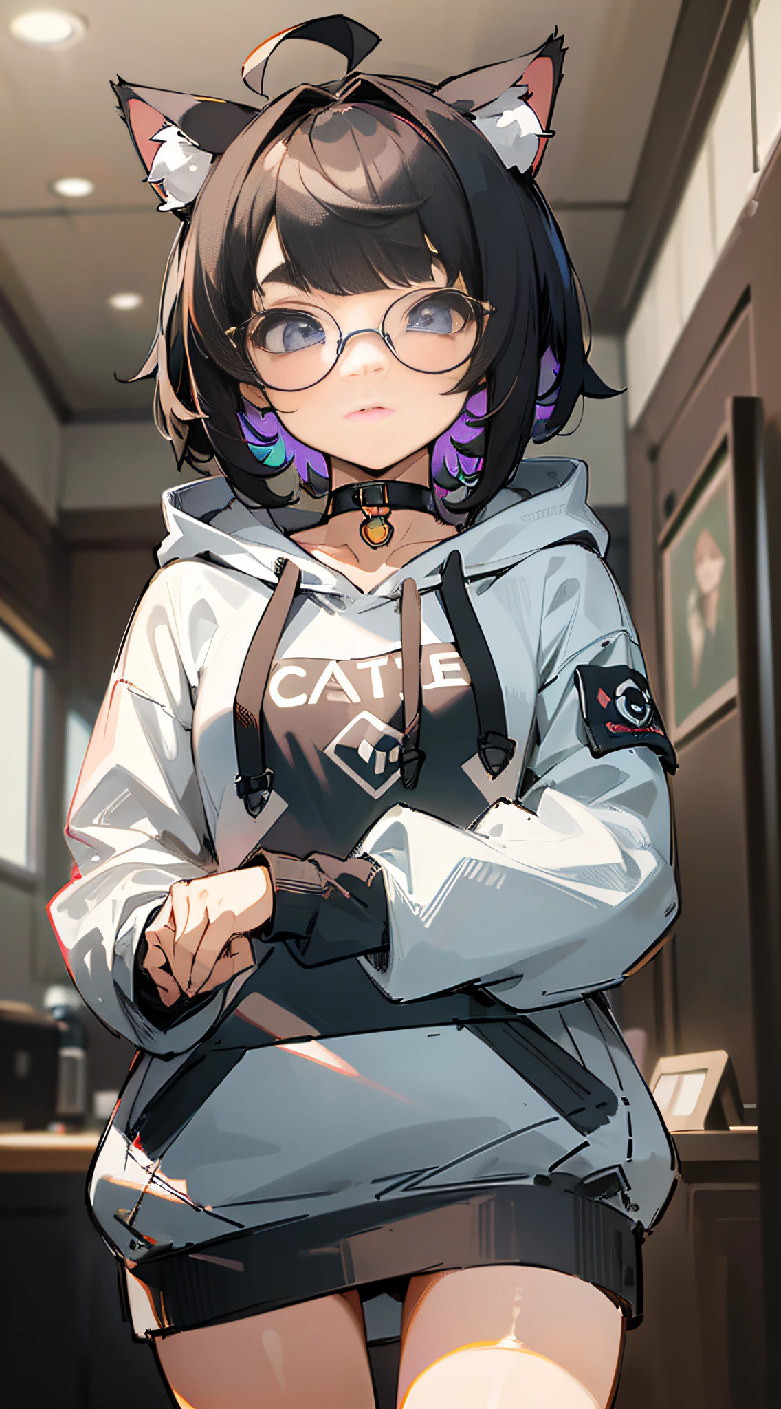 nerdy,(masterpiece,best quality,highres,ultra_detailed:1.2),
1girl,solo,flat_chest,petite,detailed_face,ahoge,detailed_eyes,
(short_chopped_hair:1.5), (cat_ears:1.1), (black_hoodie,oversized:1.2),choker,long_bangs,(hood_down),glasses,
(detailed_background),indoors