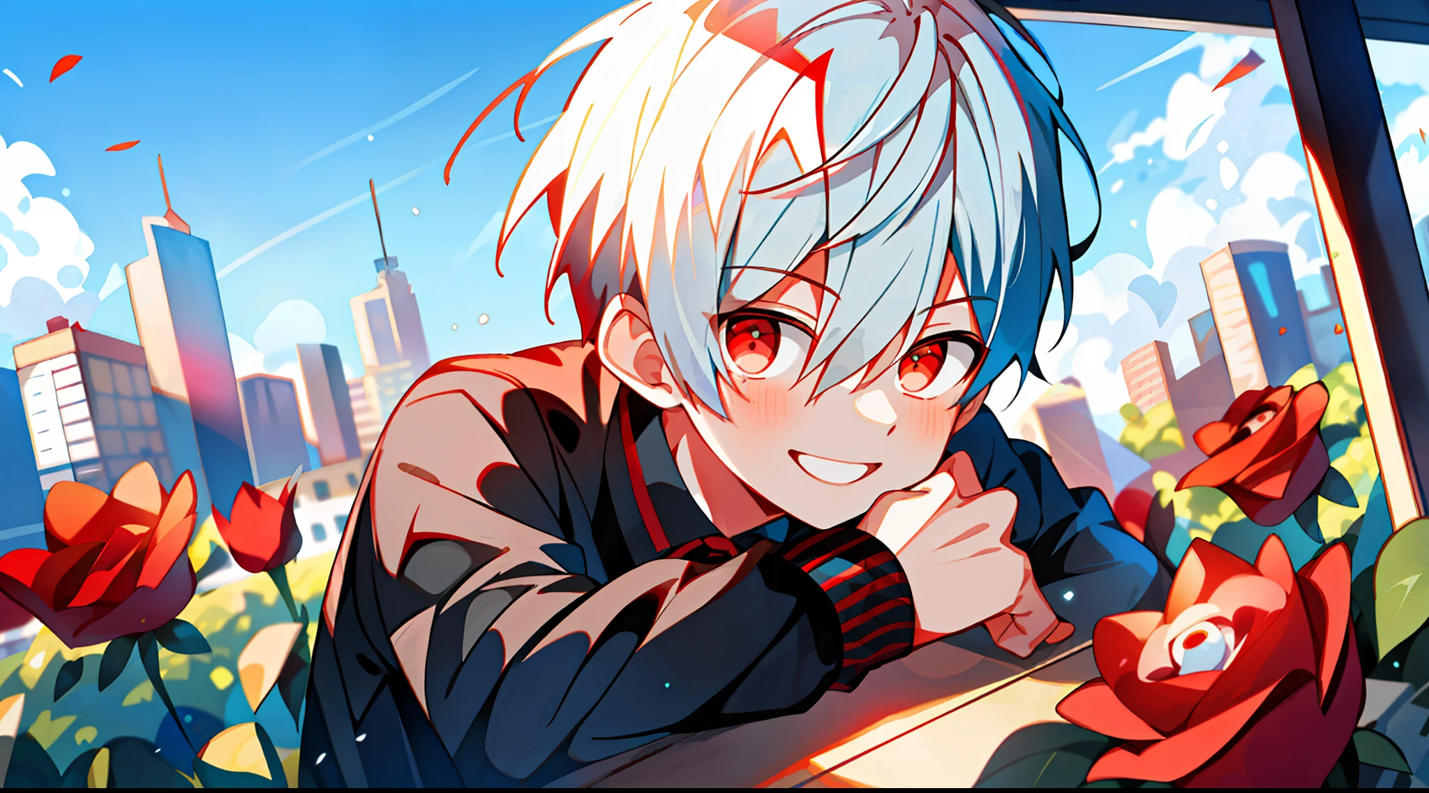 (high-quality, breathtaking),(expressive eyes, perfect face), 1boy, solo, short, young boy, short hair, white hair, red eyes, smiling, black school uniform, wear short shorts, urban setting, sunshine, blue sky, shine, glow, red roses.