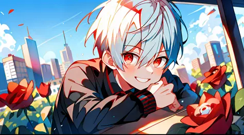 (high-quality, breathtaking),(expressive eyes, perfect face), 1boy, solo, short, young boy, short hair, white hair, red eyes, sm...