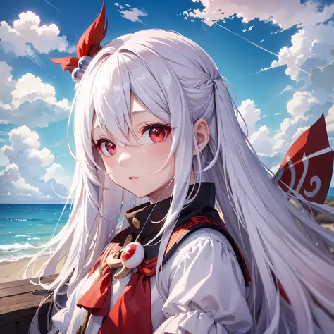 Long white hair, red eyes, beautiful girl, cherry small mouth, lively and cute, seaside, blue sky and white clouds --auto --s2