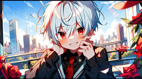 (high-quality, breathtaking),(expressive eyes, perfect face), 1boy, solo, short, young boy, short hair, white hair, red eyes, sm...