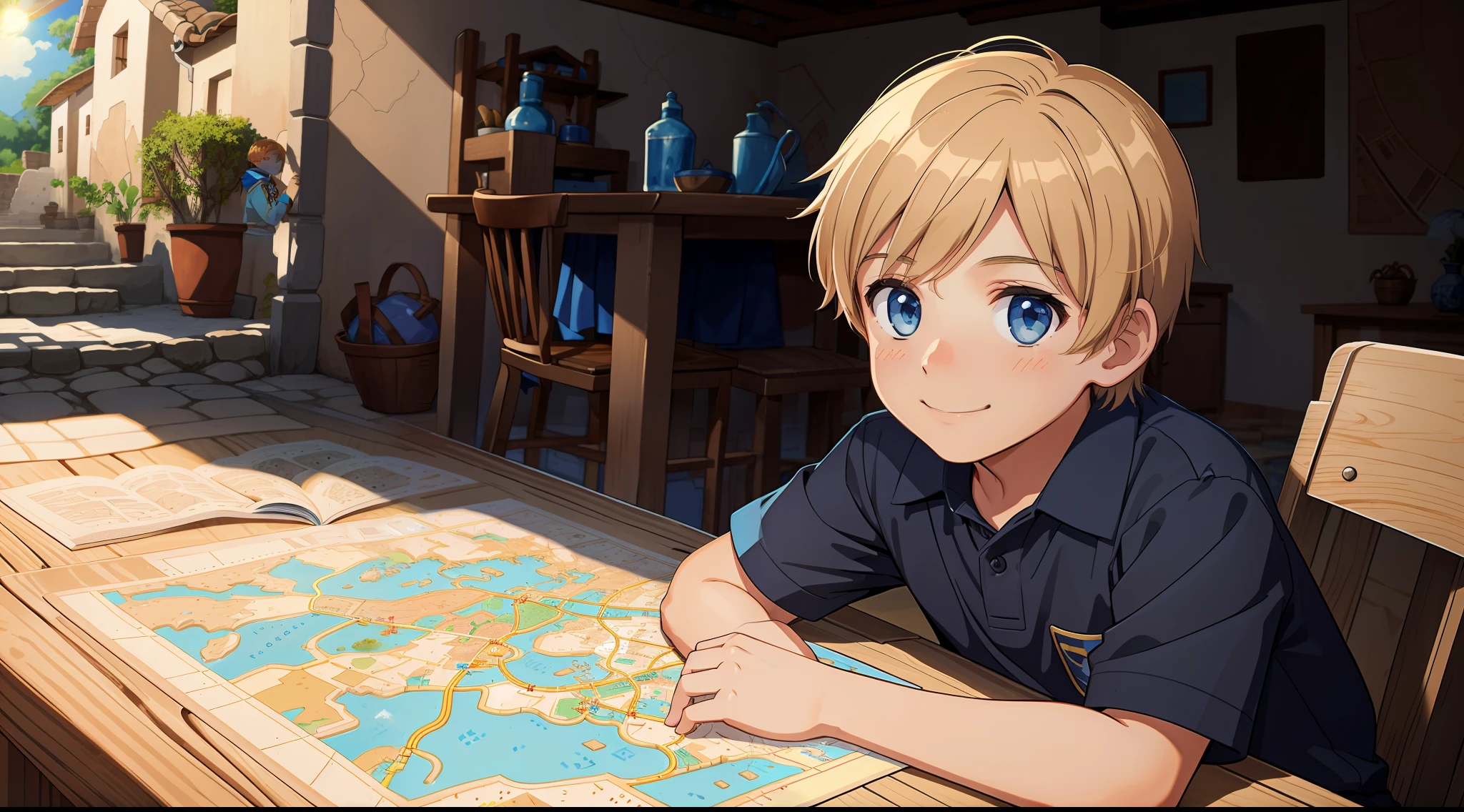 Antonio is a 10-year-old boy with light hair that shines in the sun, eyes as blue, smile, darkest, He was known throughout the village for his energy, Antonio at home, looking at the map curiously. The illustration must show details of the map. The main focus should be on the map. Use detailed lines to show the map's intricate designs