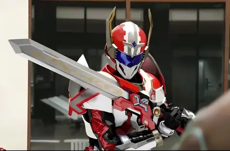 araffe dressed in red and white armor holding a sword, high fantasy kamen rider, fourze, kamen rider character, kamen rider action pose, kamen rider, cyber japan samurai armor, style of ssss.gridman (2018), scene from live action movie, kamen rider ghost, ...