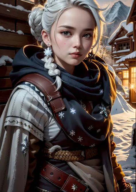 person with a sword and a scarf all detailed with snowflakes, long hair braided to the waist, hair over the shoulder, long hair,...