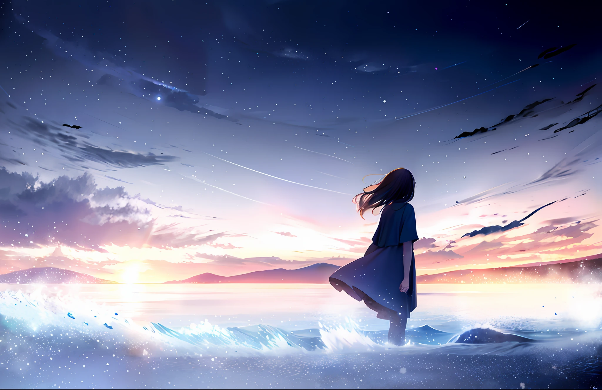 papel de parede, Obra de arte, mais alta qualidade, 1 garota, parado perto da água, céu escuro, céu azul profundo e laranja, luz linda