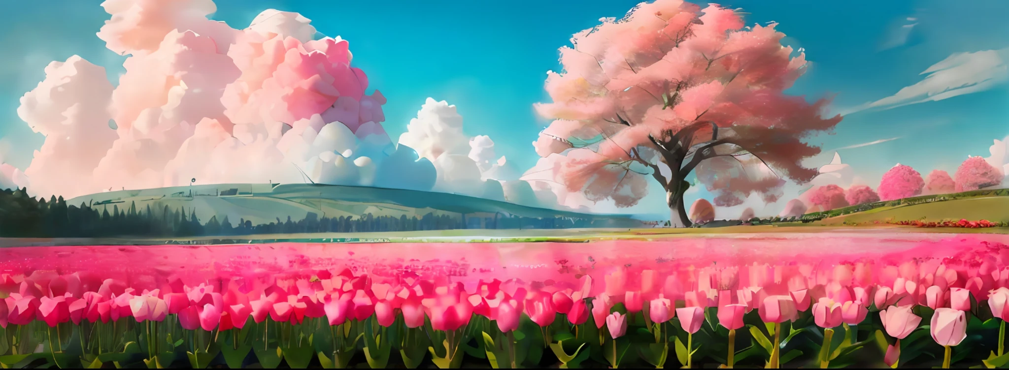 there is a painting of a field of pink tulips and a tree, a beautiful landscape, beautiful landscape, pink landscape, natural landscape beauty, beautiful landscape background, beautiful dreamy landscape, field of pink flowers, background artwork, beautiful scenic landscape, nature landscape, natural landscape, dreamy landscape, beautiful art uhd 4 k, very beautiful photo, beautiful serene landscape, fantastic landscape