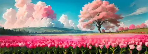 there is a painting of a field of pink tulips and a tree, a beautiful landscape, beautiful landscape, pink landscape, natural landscape beauty, beautiful landscape background, beautiful dreamy landscape, field of pink flowers, background artwork, beautiful...
