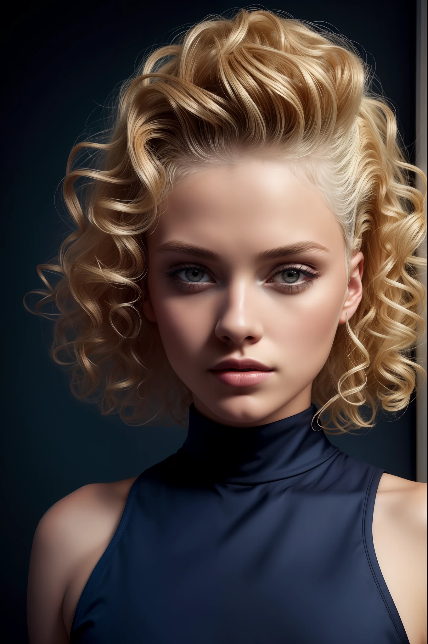 1girl blonde, curly hair, (hi-top fade: 1.3), dark theme, soft tones, soft colors, high contrast, (natural skin texture, hyperrealism, soft light, sharp), exposure mix, medium shot, bokeh, (hdr:1.4), high contrast, (cinematic, navy blue and orange:0.85), (soft colors, dark colors, soft tones:1.3), low saturation, (hyperdetailed:1.2), (noir:0.4)