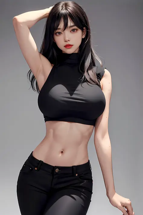 girl, bangs, bare shoulders, black pants, breasts, breasts squeezed together, gray background, hair between eyes, long hair, view viewer, pants, parted lips, red eyes, shirt, simple background, sleeveless, sleeveless shirt, solo, turtleneck, V-arms, gray h...