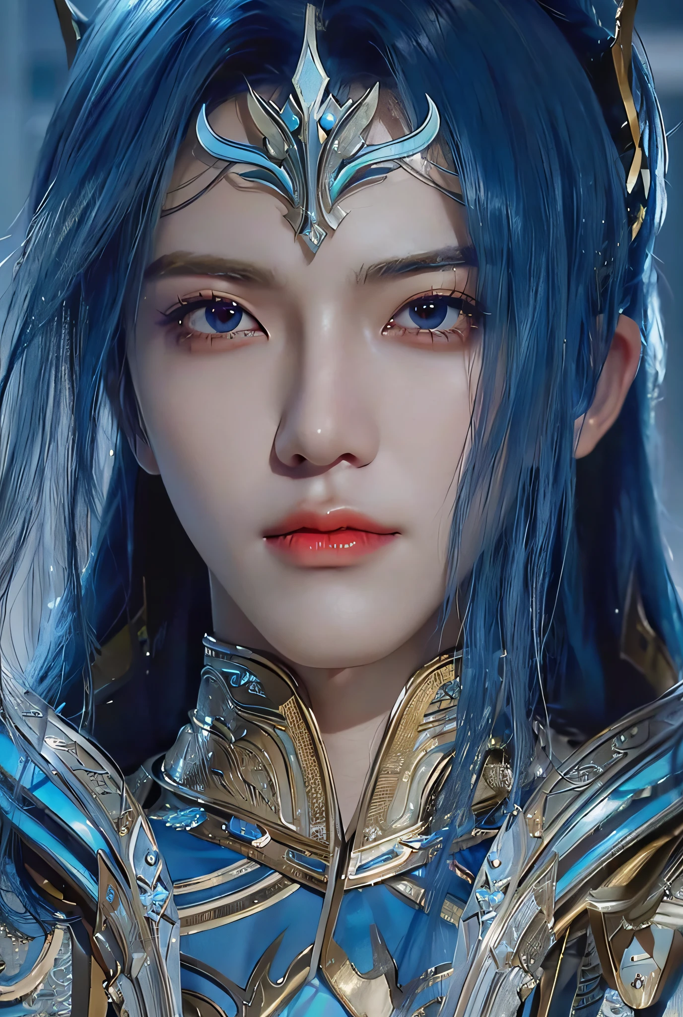 un primer plano de una persona con cabello azul y peluca azul, zhao yun, hermoso elfo macho, heise jinyao, motor irreal render saint seiya, un elfo macho, Cara muy detallada de 8k, elven male, personaje elfo con sonrisa, Fantasía de detalle 4k, elfo azul, fantasía xianxia, xianxia hero