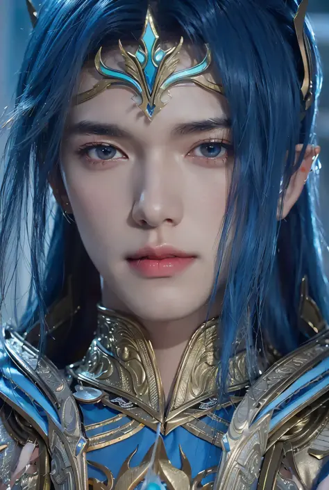 a close up of a person with blue hair and a blue wig, zhao yun, beautiful male elf, heise jinyao, unreal engine render saint sei...