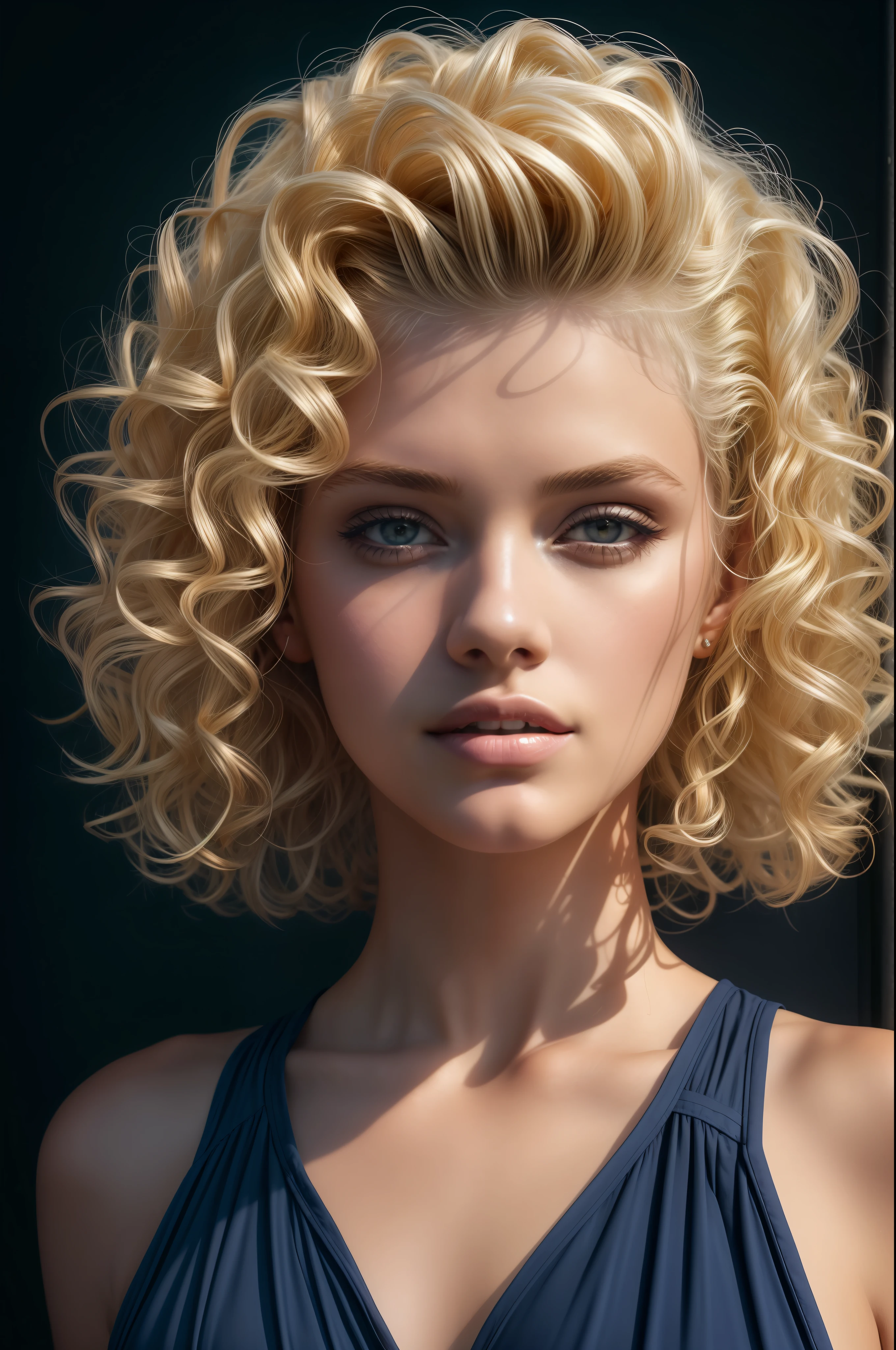 1girl blonde, curly hair, (hi-top fade: 1.3), dark theme, soft tones, soft colors, high contrast, (natural skin texture, hyperrealism, soft light, sharp), exposure mix, medium shot, bokeh, (hdr:1.4), high contrast, (cinematic, navy blue and orange:0.85), (soft colors, dark colors, soft tones:1.3), low saturation, (hyperdetailed:1.2), (noir:0.4)