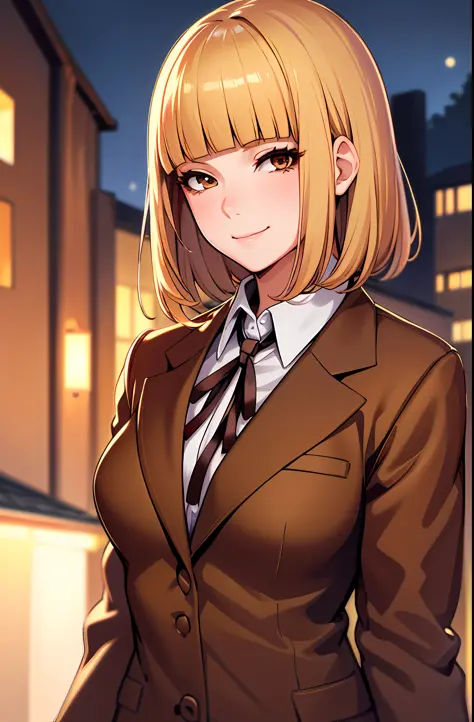 (masterpiece,best quality, detailed), 1girl, solo, outdoors, evening, upper body, smile, closed mouth, squinting, eyelashes,
midorikawa hana, brown jacket, neck ribbon, collared shirt, school uniform