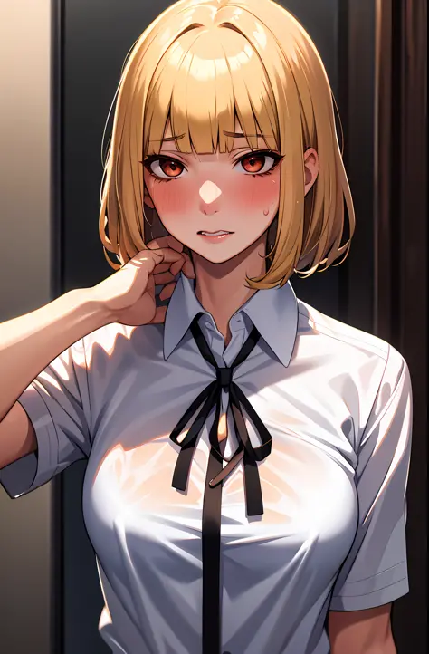 (masterpiece,best quality, detailed), 1girl, solo, indoors, night, upper body, sweat, ahegao, rolling eyes, blush, wet shirt,
midorikawa hana, neck ribbon, collared shirt, school uniform,