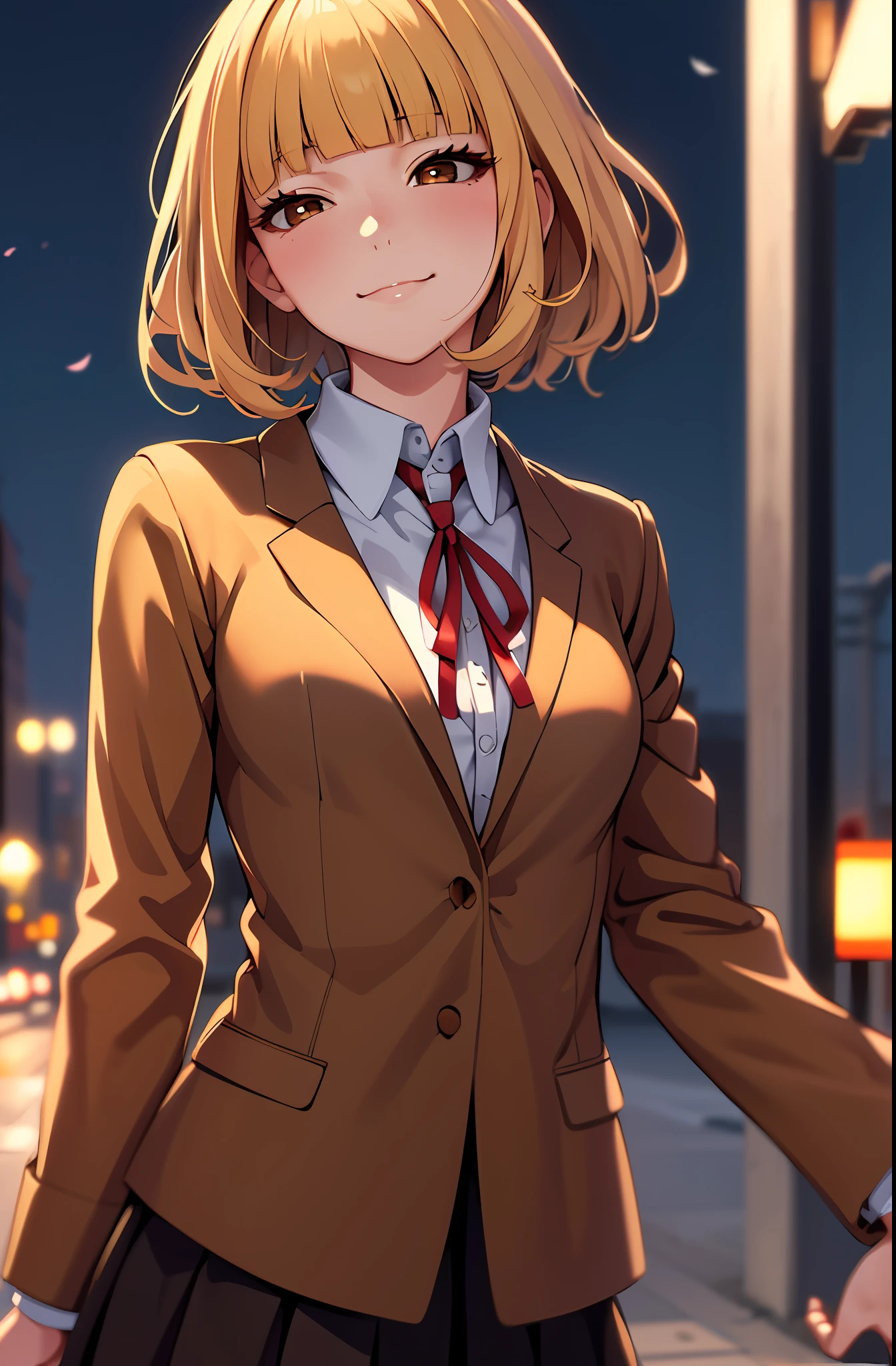 (masterpiece,best quality, detailed), 1girl, solo, outdoors, evening, upper body, smile, closed mouth, squinting, eyelashes,(blink)
midorikawa hana, brown jacket, neck ribbon, collared shirt, school uniform