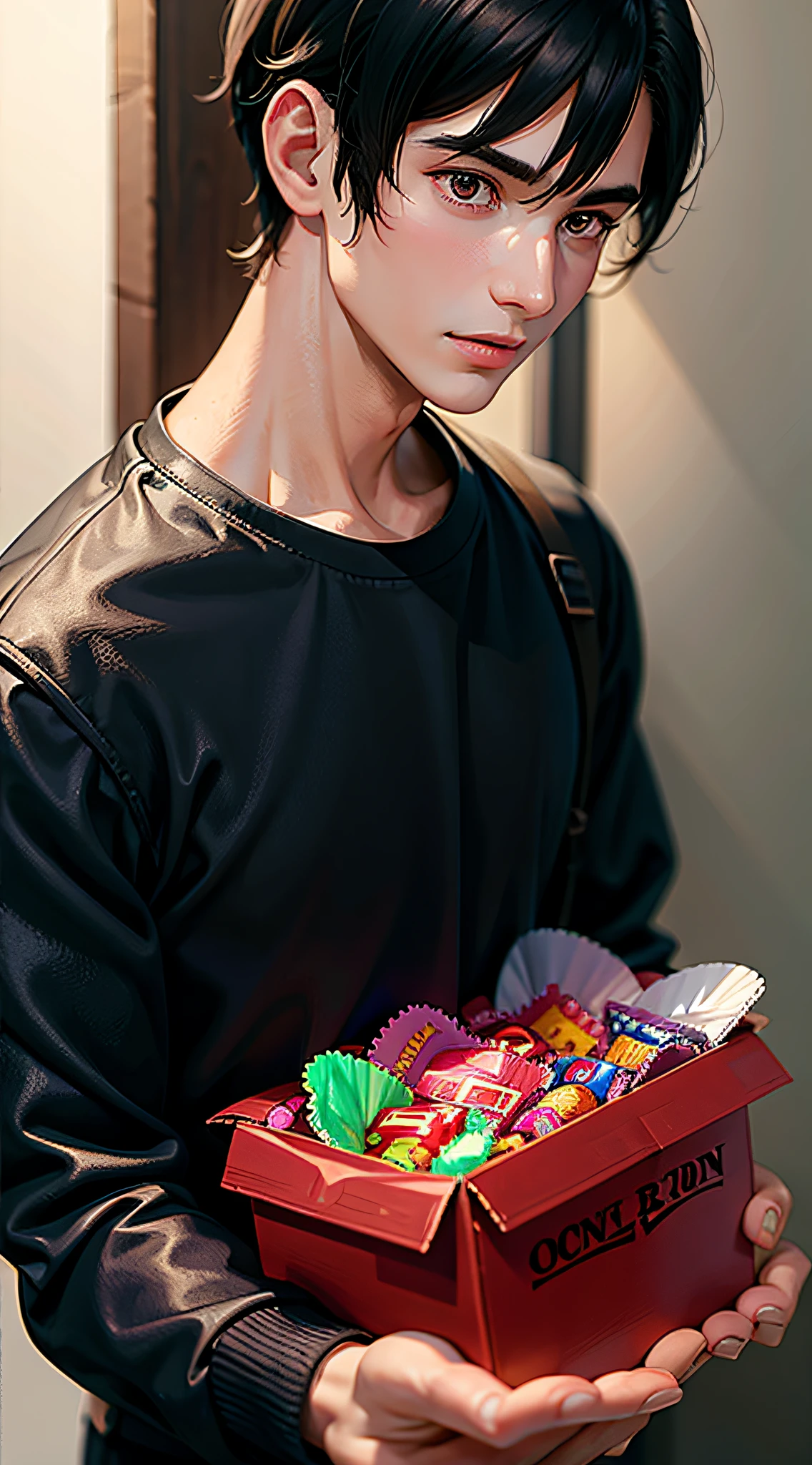 Anime boy holding a box of candy and a box of candy - SeaArt AI