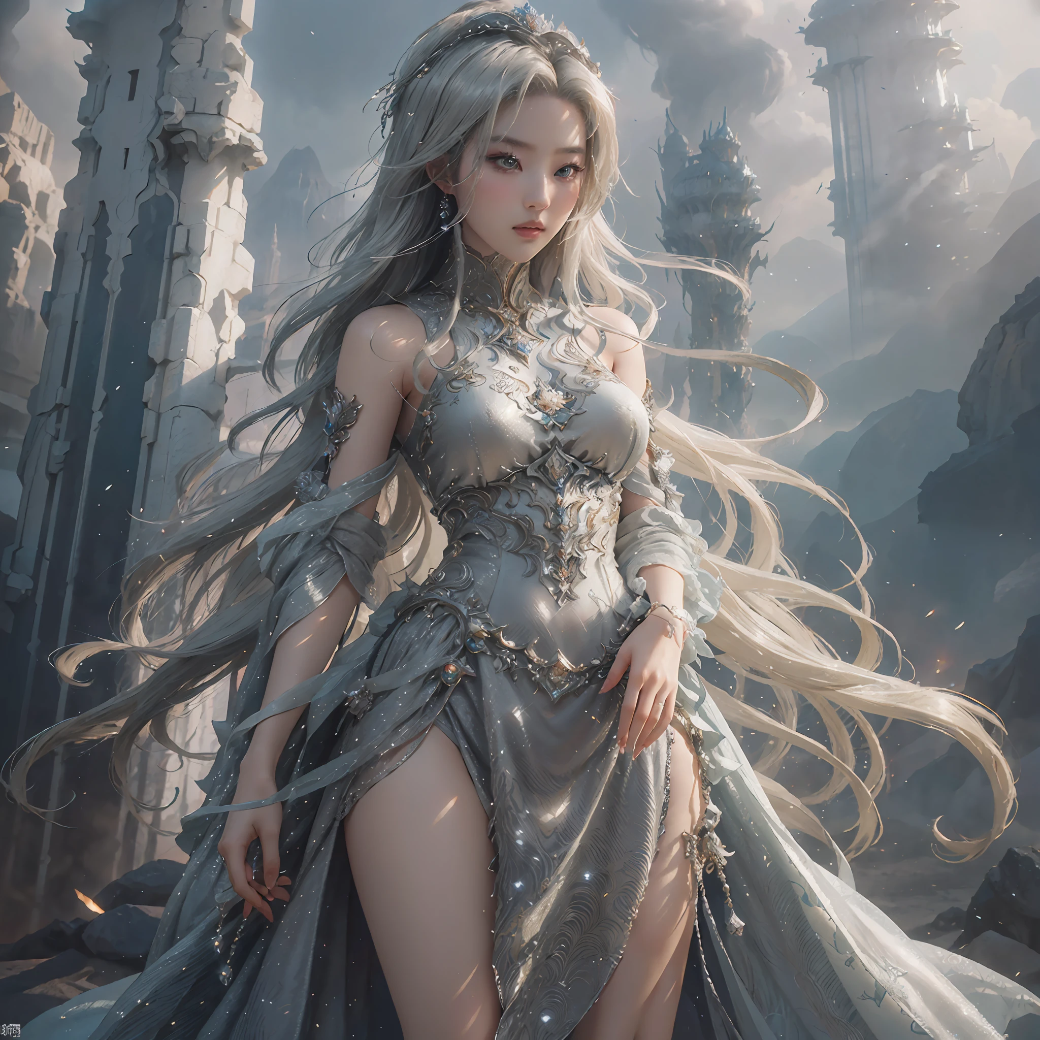 a woman in a silver dress posing for a picture, concept art by Raymond Han, cgsociety contest winner, fantasy art, ((a beautiful fantasy empress)), fantasy dress, a beautiful fantasy empress, karol bak uhd, fantasy gorgeous lighting, fantasy woman, fantasy robe, blonde goddess, style of karol bak, draped in shiny gold and silver, sexy gown