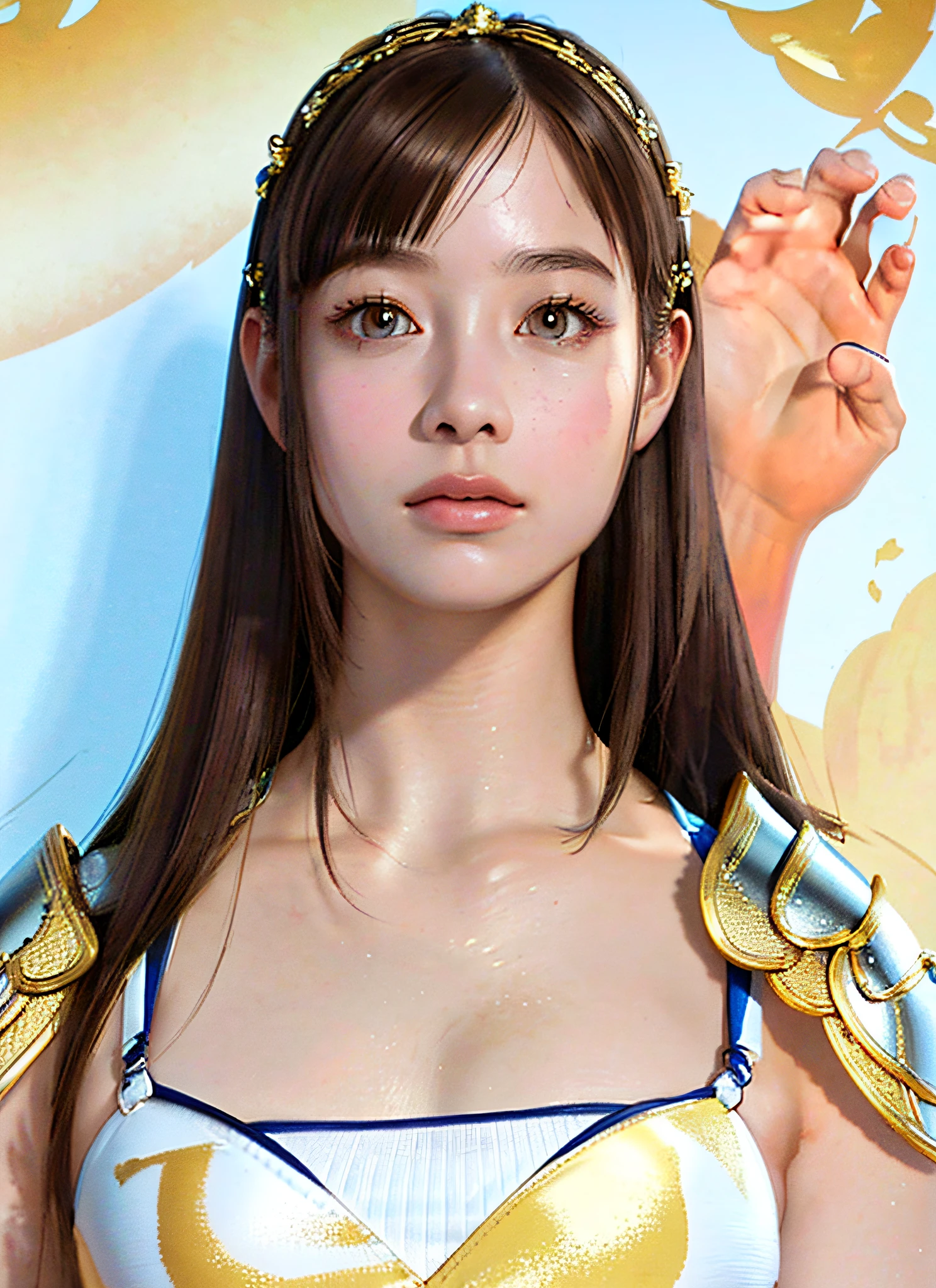 (realistic, portrait), intricate detail, beautiful porcelain profile face ultra detailed complex 3d render, big, huge, sexy swimsuit (micro bikini), (surreal), (illustration), (high resolution), (8K), (very detailed), (best illustration), (beautiful detailed eyes), (best quality), (ultra detailed), intricate detail jewelry (detailed female armor: 2.3), ( Gorgeous gold armor: 1.3), 1 girl, solo, long hair, wind, gorgeous face, top quality, masterpiece, maximum detail, diffused lighting, (brown hair: 2.3), Valhalla Valkyrie, mechanical arm, beauty, facial muscles