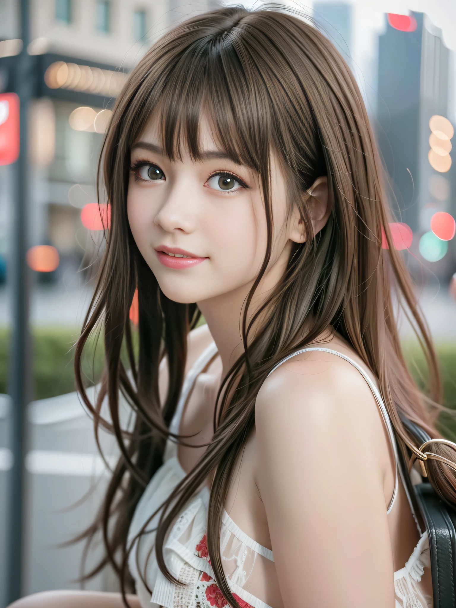 (8k raw photos, highest quality, masterpiece, 8k-UHD), (realistic, photorealistic: 1.37), (anatomically accurate and realistic skin), ultra high resolution, depth of field, film lighting, film grain, very cute 16 year old girl, tips, red eyes, long eyelash, bags under the eyes, cute face, very detailed eyes and hair, skin with beautiful details, happy smile, brown hair, thick bangs, shiny hair, curly, urban, cityscape,