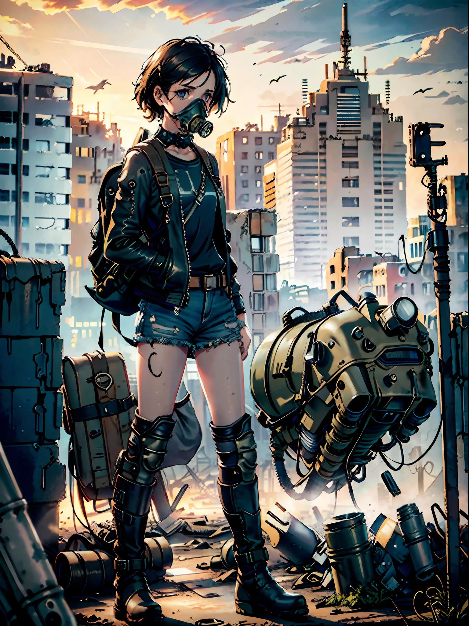 1girl, (solo:1.2), [slim], (small chest), pale skin, ((detailed eyes)), (bokeh effect), (dynamic angle), dynamic pose, (deserted city:1.3), short curly hair, leather jacket, ripped jeans, high boots, (backpack), knife holder, (gas mask:1.2), (ruined buildings), (dark and cloudy sky), dirty hair, (wasteland:1.3), dirty hair, radio, ((masterpiece))