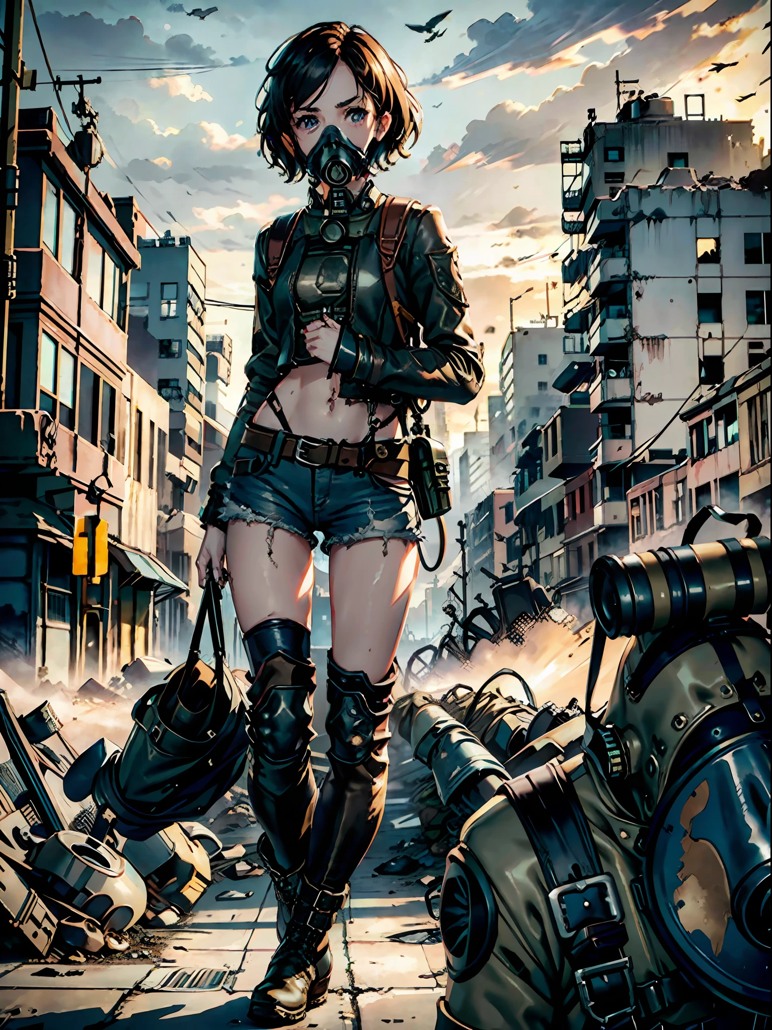 1girl, (solo:1.2), [slim], (small chest), pale skin, ((detailed eyes)), (bokeh effect), (dynamic angle), dynamic pose, (deserted city:1.3), short curly hair, leather jacket, ripped jeans, high boots, (backpack), knife holder, (gas mask:1.2), (ruined buildings), (dark and cloudy sky), dirty hair, (wasteland:1.3), dirty hair, radio, ((masterpiece))