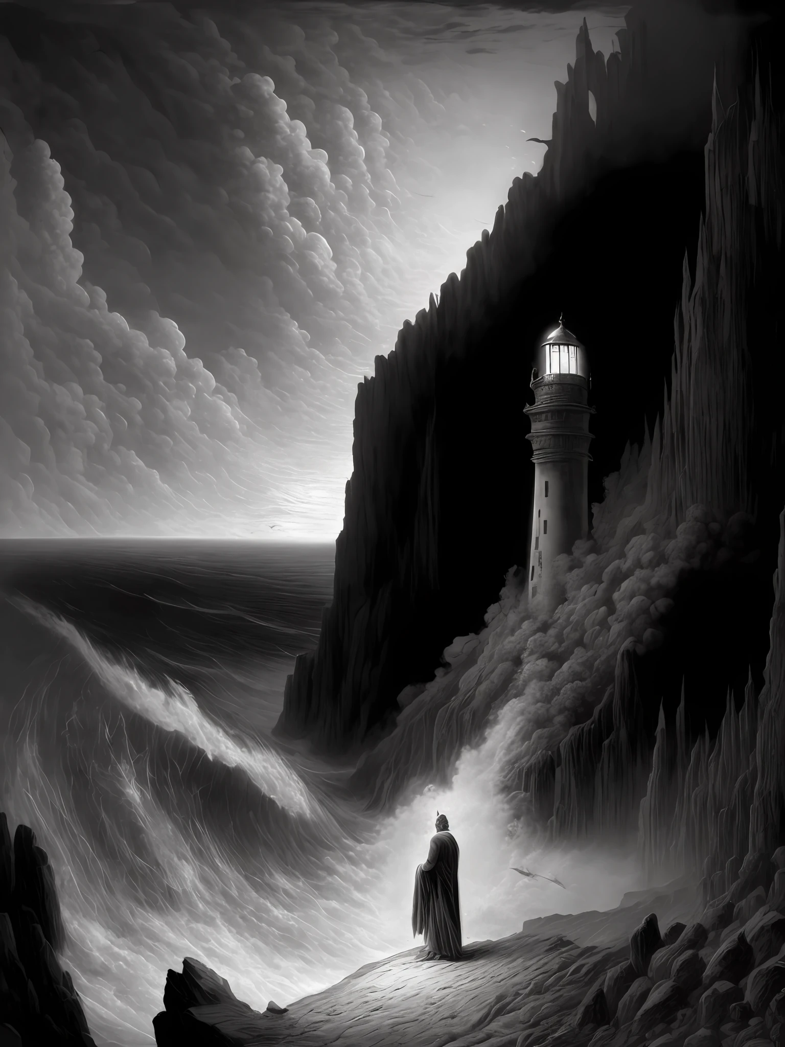 a black and white painting of a man standing on a cliff with a lighthouse in the background by Gustave Dor