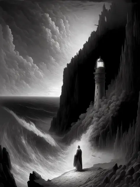 a black and white painting of a man standing on a cliff with a lighthouse in the background by gustave dor