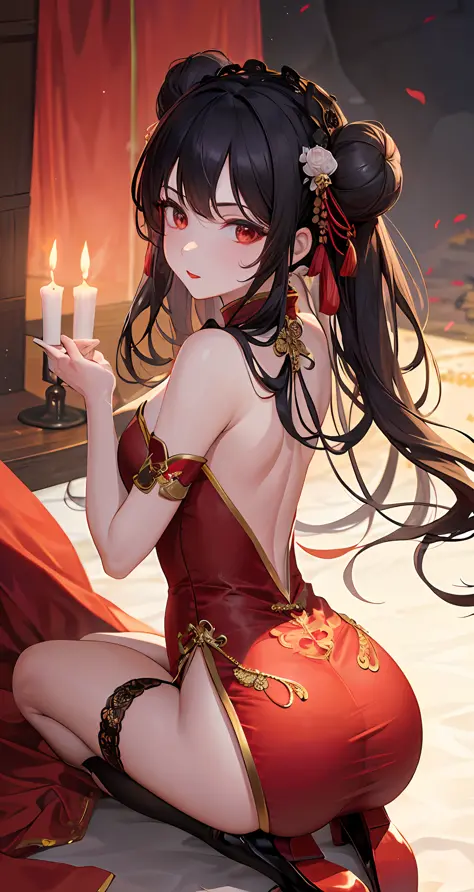 Masterpiece, Superb Body, Extremely Normal Body, Candle Night in the Cave House, Wedding Scene, ((Single Person)) (Point You By Ass) Mature Woman, Chinese Style, (Royal Sister), Chinese Costume Red Wedding Dress, Bun, Black Long Haired Woman, (Embroidered ...
