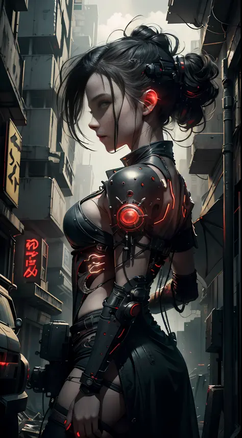 A girl, wearing a black-red luminous mask, eyes shining with yellow light, dressed sexy, half of her body is openwork reelmech, right hand is a mechanical prosthesis, red torn cloak swaying in the wind, next to a small aerial machine with complex structure...