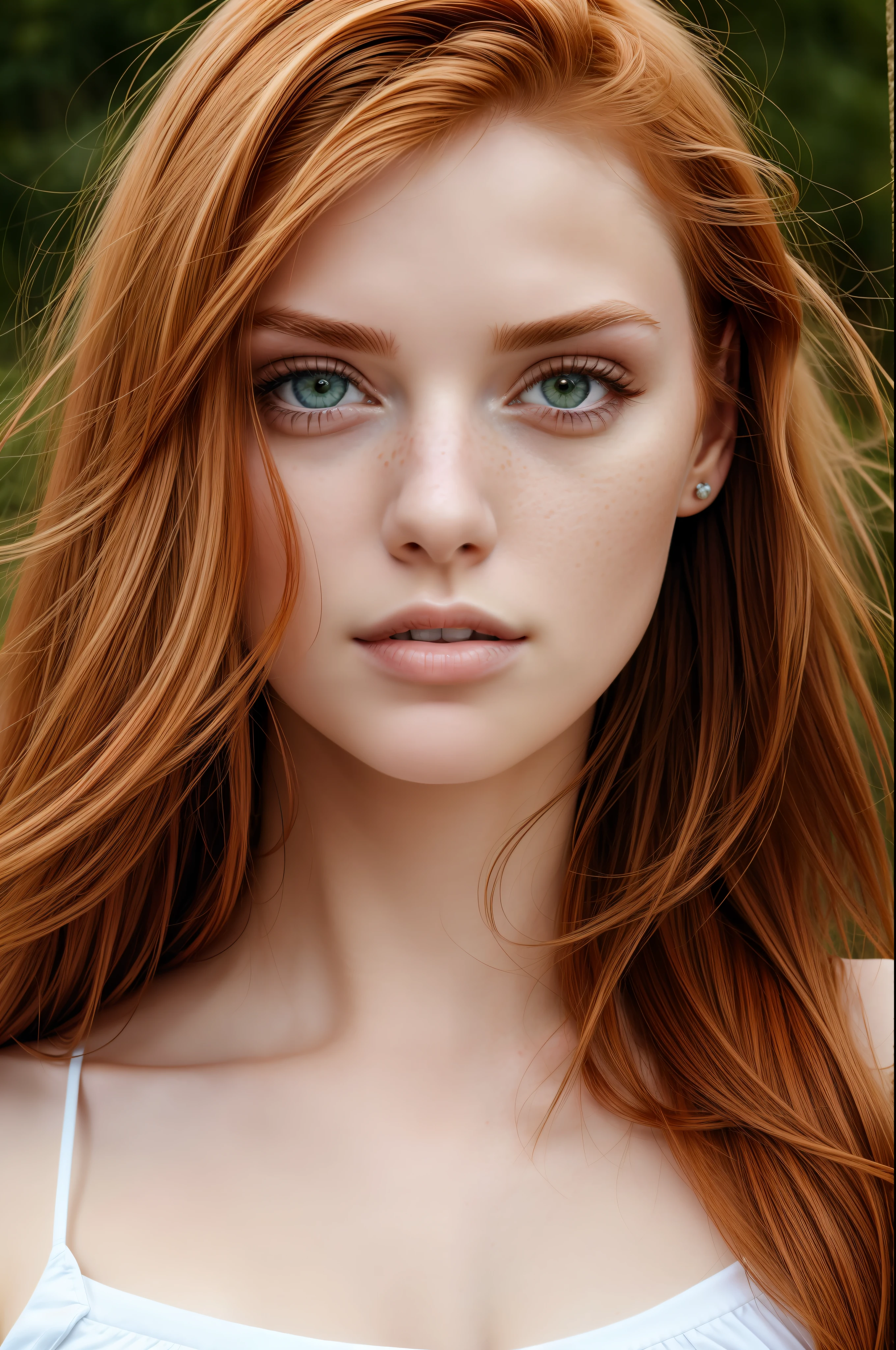 (close-up editorial photo of 20 yo woman, ginger hair, slim American sweetheart), (freckles:0.8), (lips parted), realistic green eyes, POV, realistic[:, (film grain, 25mm, f/1.2, dof, bokeh, beautiful symmetrical face, perfect sparkling eyes, well defined pupils, high contrast eyes, ultra detailed skin, skin pores, vellus hair, fabric stitching, fabric texture, wood grain, stone texture, finely detailed features:1):0.9]