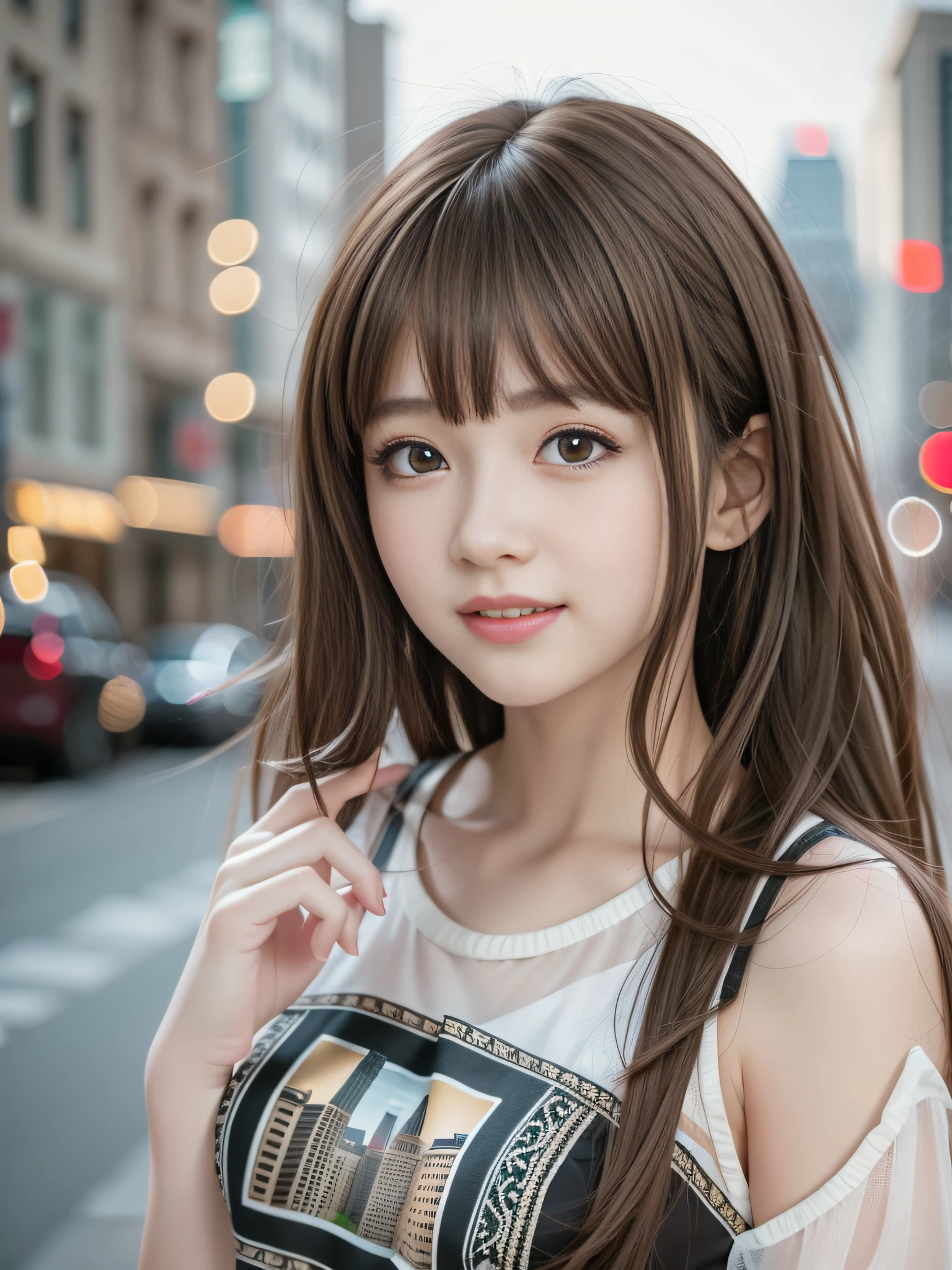 (8k raw photos, highest quality, masterpiece, 8k-UHD), (realistic, photorealistic: 1.37), (anatomically accurate and realistic skin), ultra high resolution, depth of field, film lighting, film grain, very cute 16 year old girl, tips, red eyes, long eyelash, bags under the eyes, cute face, very detailed eyes and hair, skin with beautiful details, happy smile, brown hair, thick bangs, shiny hair, curly, urban, cityscape,