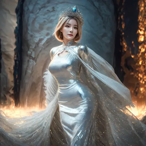 a woman in a silver dress posing for a picture, concept art by Raymond Han, cgsociety contest winner, fantasy art, ((a beautiful...
