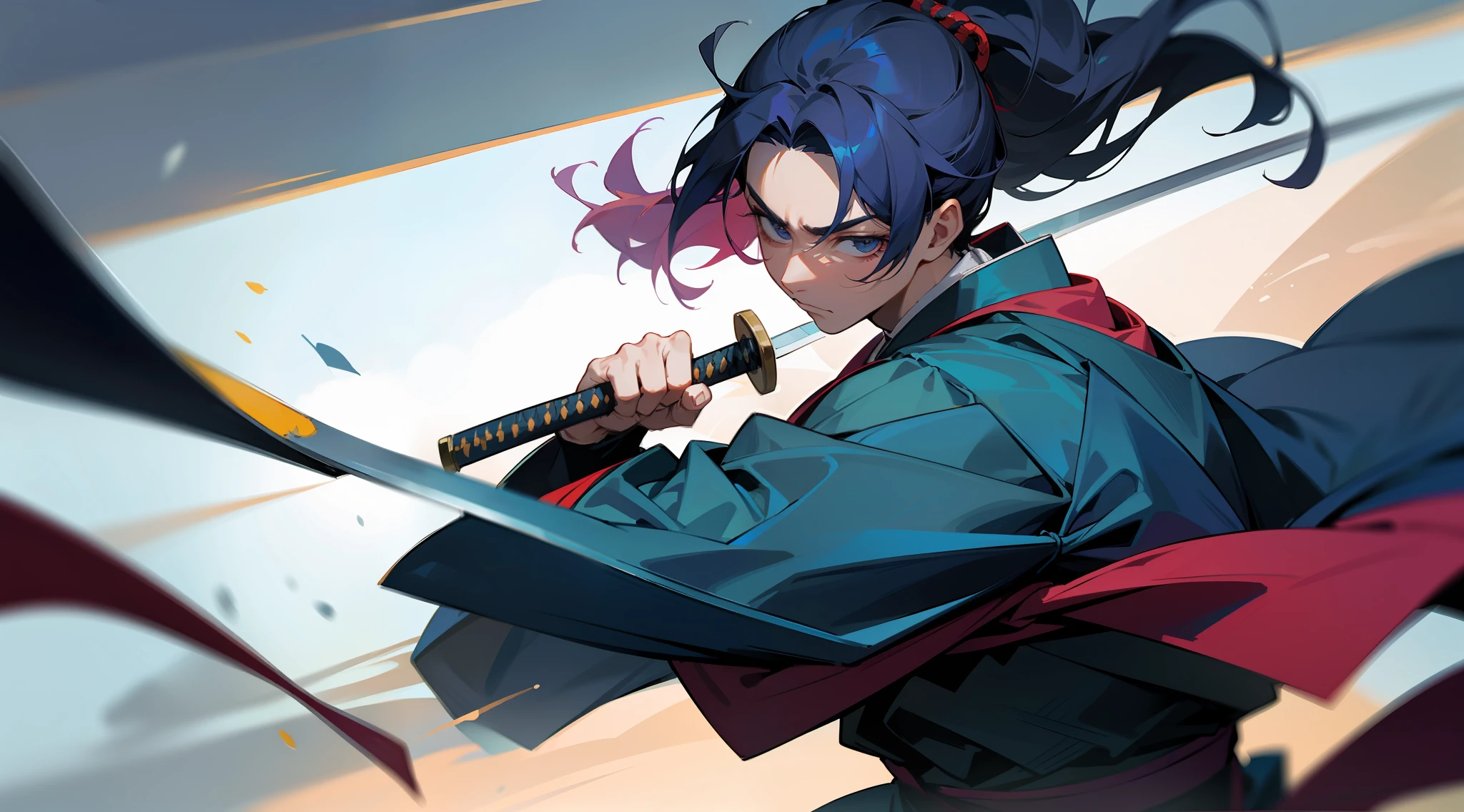 Anime character with sword in hand and flying red cape - SeaArt AI