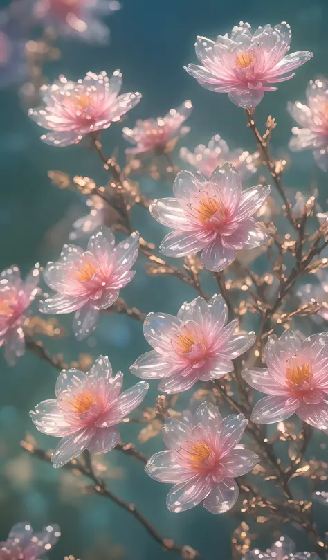 crystal spring blossom,
fantasy, galaxy, transparent, 
shimmering, sparkling, splendid, colorful, 
magical photography, dramatic...