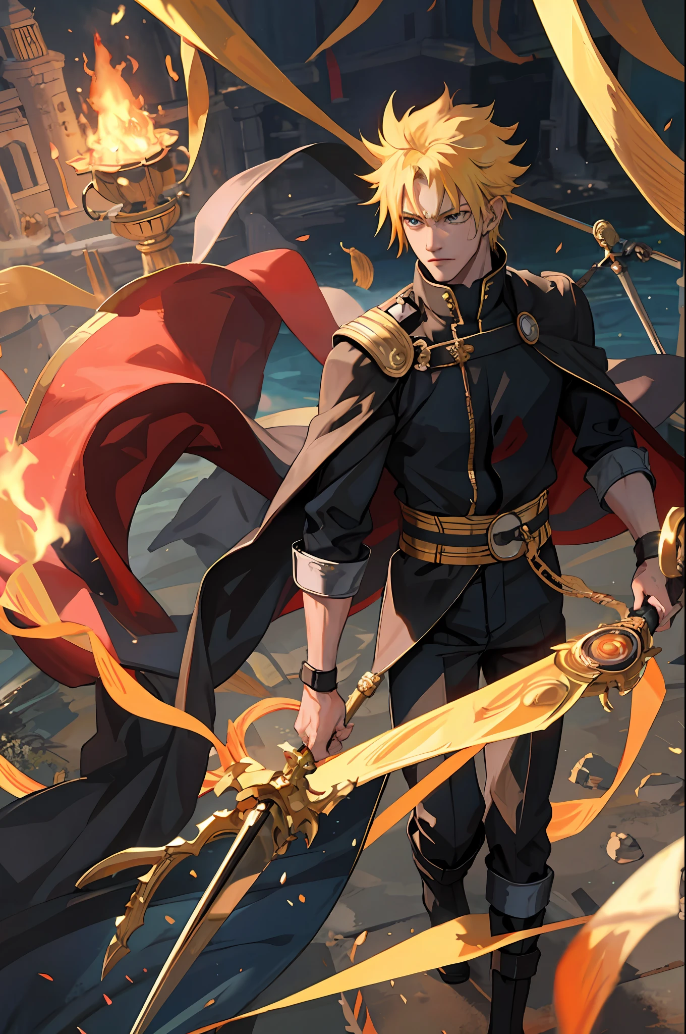 8k, best quality, masterpiece, highly detailed, semi realistic, 1 boy, mature male, 20 years old, yellow hair, short hair, curtain bangs, blue pupils, golden armor, black fluffy pants, golden iron boots, redblack fluffy brimmed cloak, wielding sword, knight, coronation ceremony，War, flames, bloodstains，Lily, petal rain，banner, uzumaki naruto,  from front,  masculine, tall, handsome