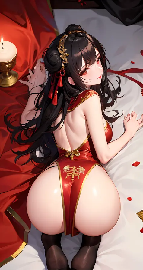 Masterpiece, Superb Body, Extremely Normal Body, Candle Night in the Cave House, Wedding Scene, ((Single Person)) (Point You By Ass) Mature Woman, Chinese Style, (Royal Sister), Chinese Costume Red Wedding Dress, Bun, Black Long Haired Woman, (Embroidered ...