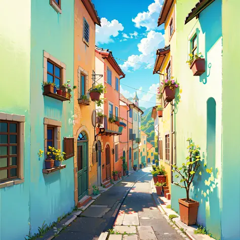Create a backdrop of a small southern Italian village in the style of Disney Pixar --auto --s2