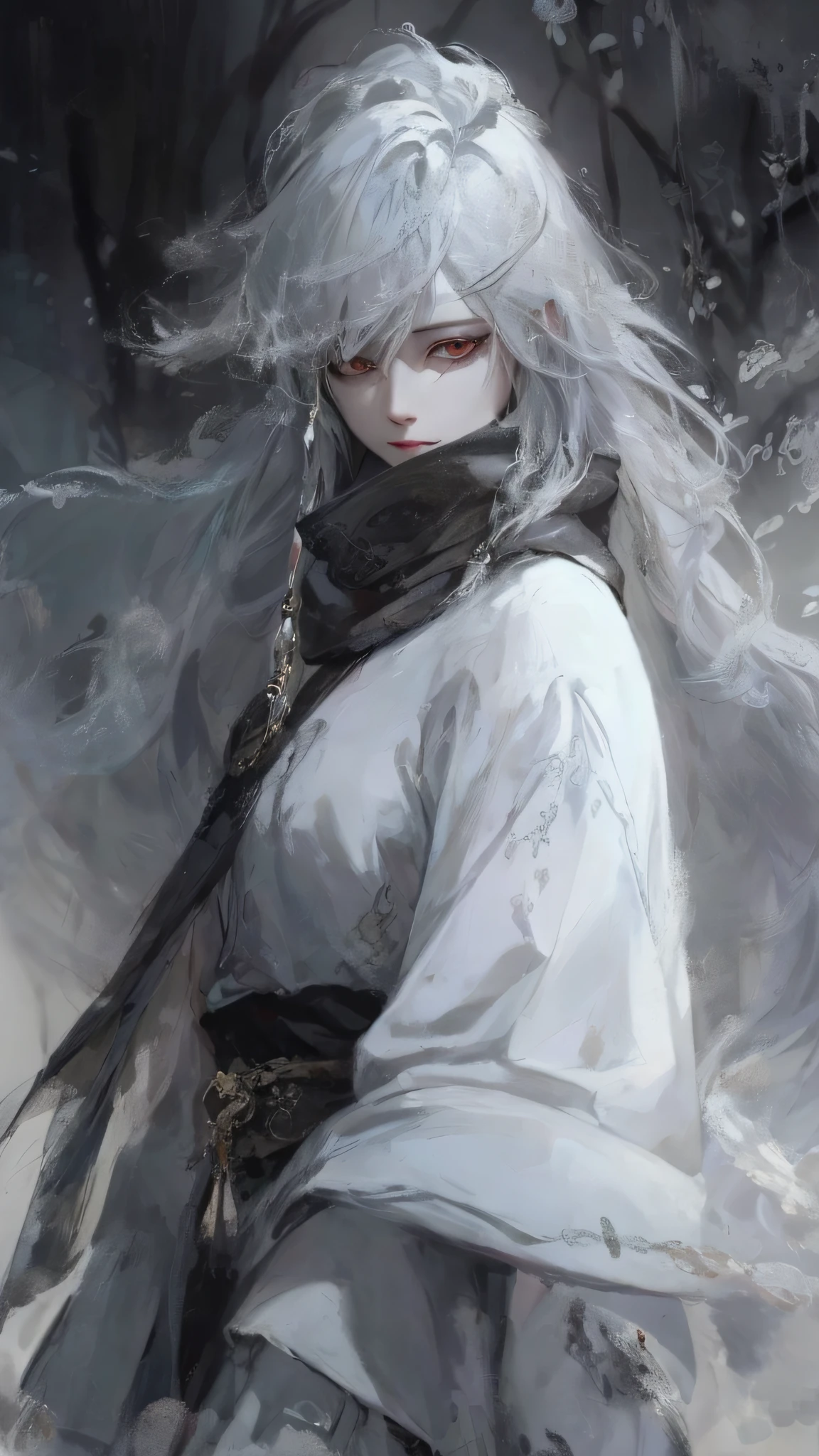a close up of a woman with a white hair and a black scarf, a character portrait by Yang J, pixiv contest winner, fantasy art, white haired deity, beautiful character painting, artwork in the style of guweiz, the piercing stare of yuki onna, guweiz, with white long hair, with long white hair, flowing hair and long robes