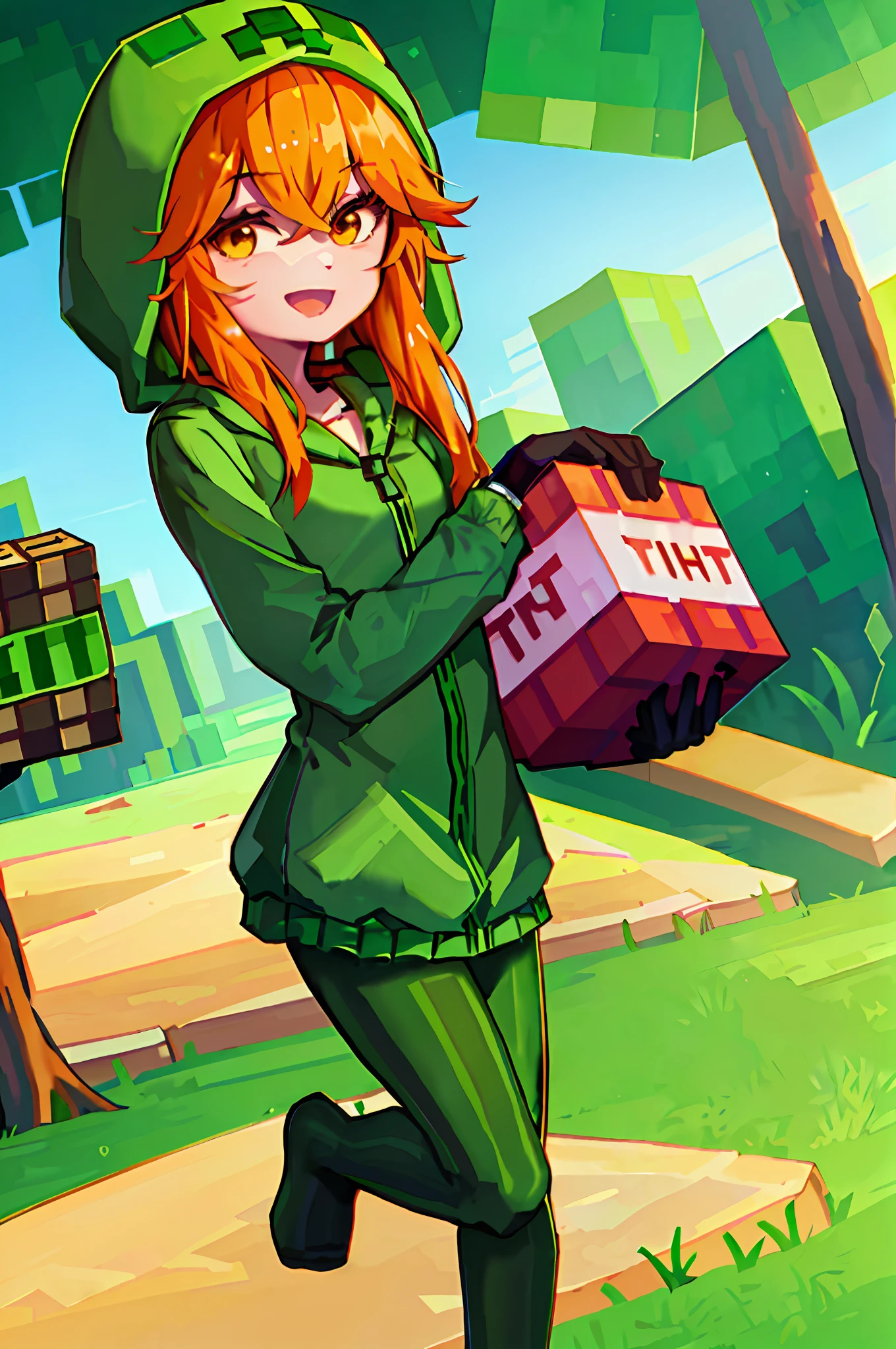 Anime girl in green outfit carrying a box in a park - SeaArt AI