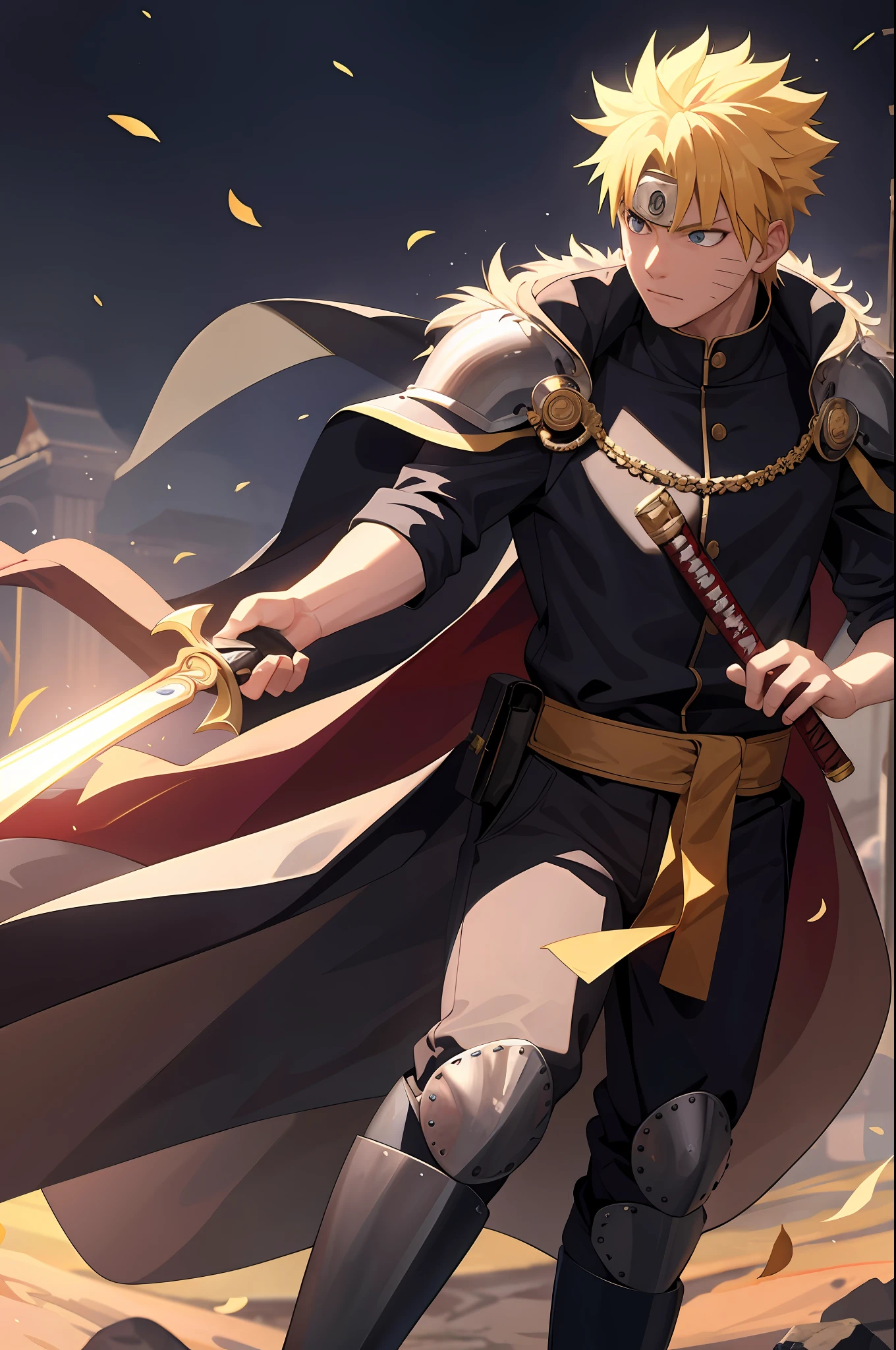 8k, best quality, masterpiece, highly detailed, semi realistic, 1 boy, mature male, 20 years old, yellow hair, short hair, curtain bangs, blue pupils, golden armor, black fluffy pants, golden iron boots, redblack fluffy brimmed cloak, wielding sword, knight, coronation ceremony，War, flames, bloodstains，Lily, petal rain，banner, uzumaki naruto,  from front,  masculine, tall, handsome