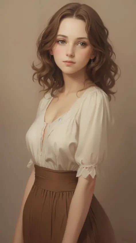 1girl, beautiful teenage girl, very small breasts, short wavy brown hair, portrait, oil painting, modern, realistic proportions,...