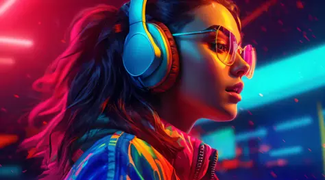 a woman wearing headphones and a jacket in a neon photo, headphones dj rave, girl wearing headphones, cyberpunk vibrant colors, neon cyberpunk vibrant colors, hq 4k phone wallpaper, phone wallpaper hd, high quality wallpaper, headphones, digital artwork 4 ...