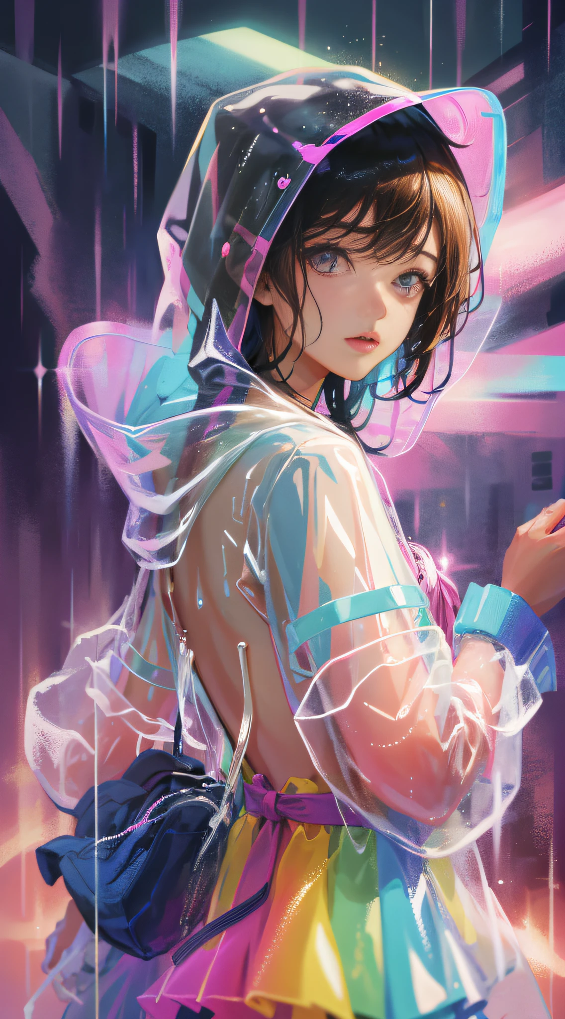 transparent raincoat,cowboy shot,hood up,school uniform,, masterpiece,1girl,cute,rain,sexy,