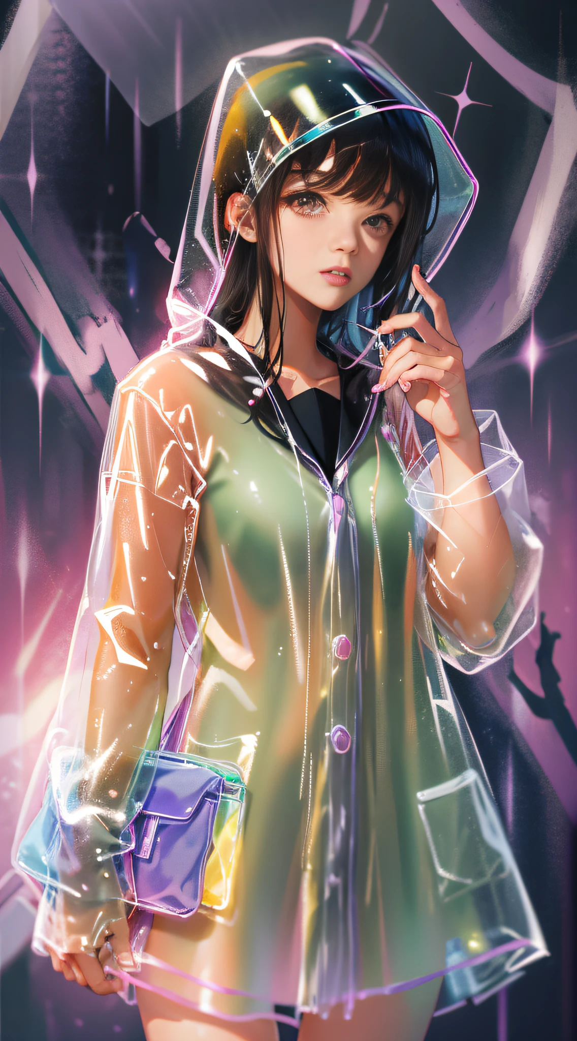 transparent raincoat,cowboy shot,hood up,school uniform,, masterpiece,1girl,cute,rain,sexy,