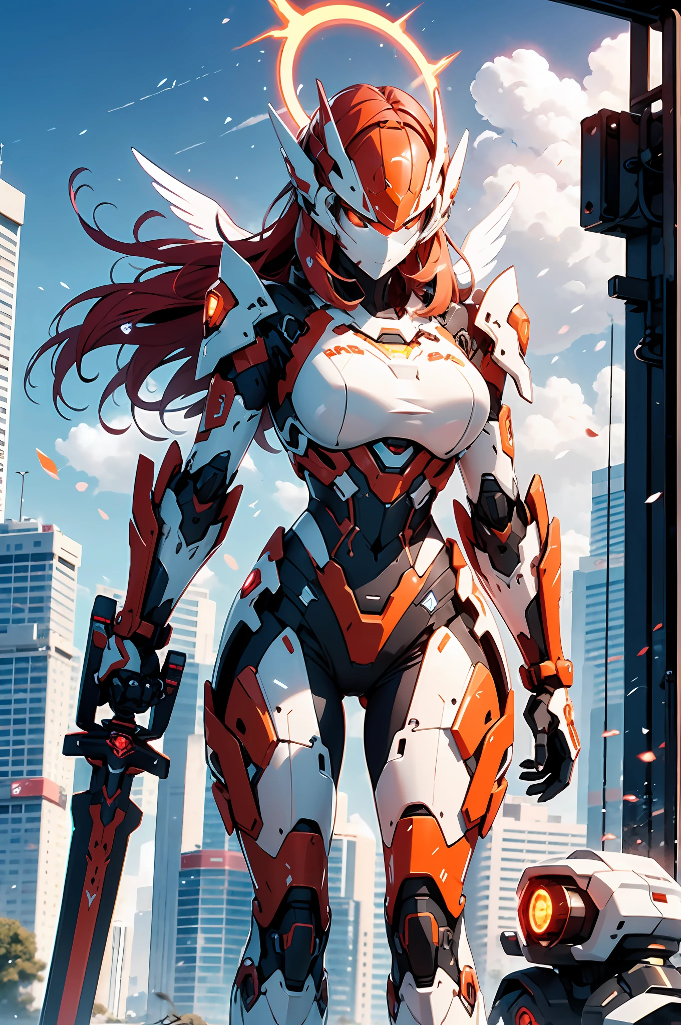 Futuristic style mecha, shining on the surface of the mecha, pink and red appearance, girl, slender waist, big breasts, big ass, flowing long fiery red hair, transparent face armor, nine-headed body, forward stance, wielding a long sword, holding a weapon in his hand, a long sword, a tail wing on his back, spraying flames, an angel halo on his head, surrounded by ruins, HD, CG image, ultra-wide-angle lens, gigantic