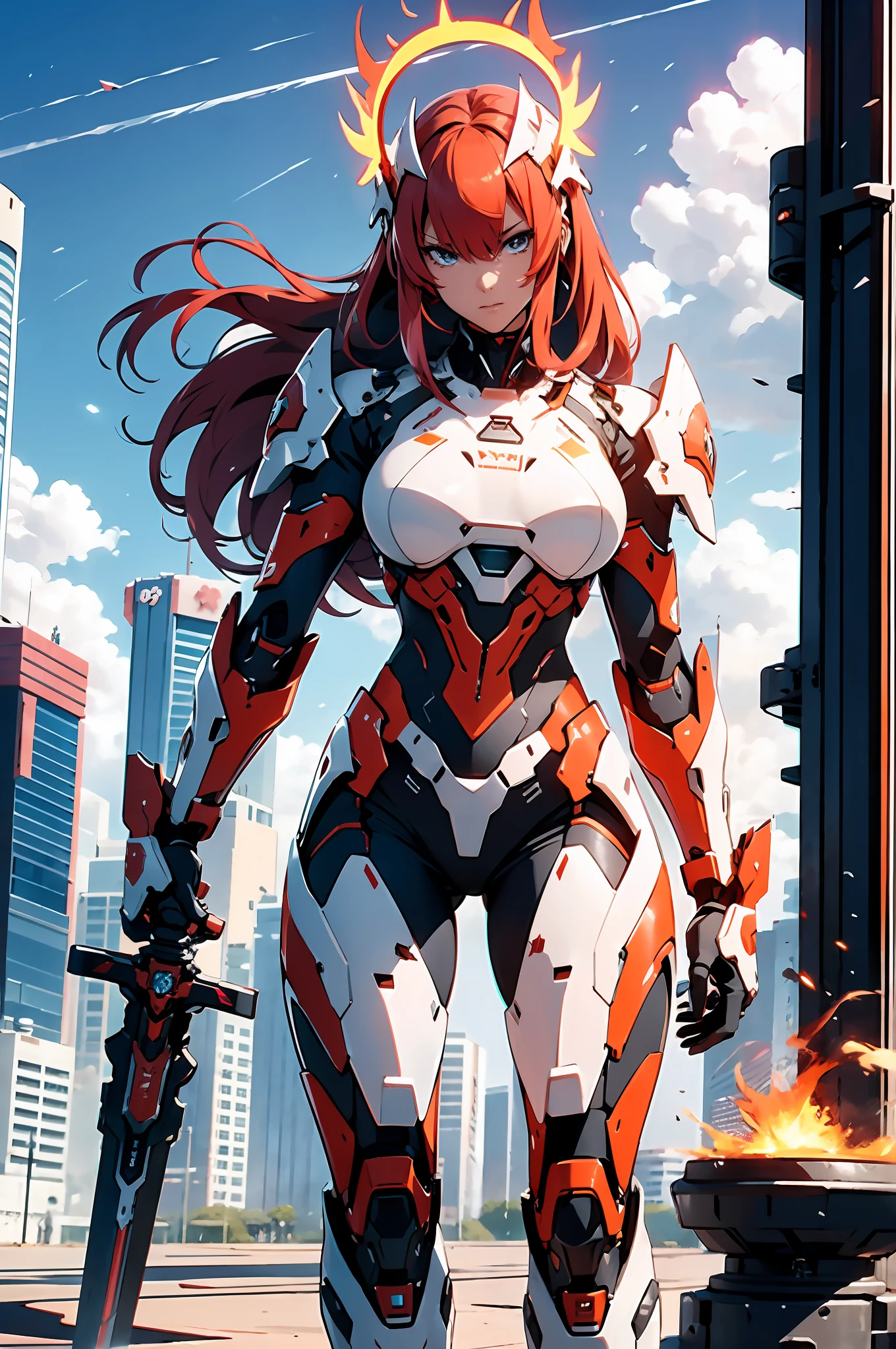 Futuristic style mecha, shining on the surface of the mecha, pink and red appearance, girl, slender waist, big breasts, big ass, flowing long fiery red hair, transparent face armor, nine-headed body, forward stance, wielding a long sword, holding a weapon in his hand, a long sword, a tail wing on his back, spraying flames, an angel halo on his head, surrounded by ruins, HD, CG image, ultra-wide-angle lens, gigantic