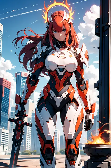 Futuristic style mecha, shining on the surface of the mecha, pink and red appearance, girl, slender waist, big breasts, big ass,...