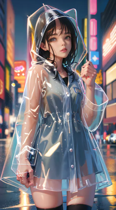transparent raincoat,cowboy shot,hood up,school uniform,, masterpiece,1girl,cute,rain,sexy,