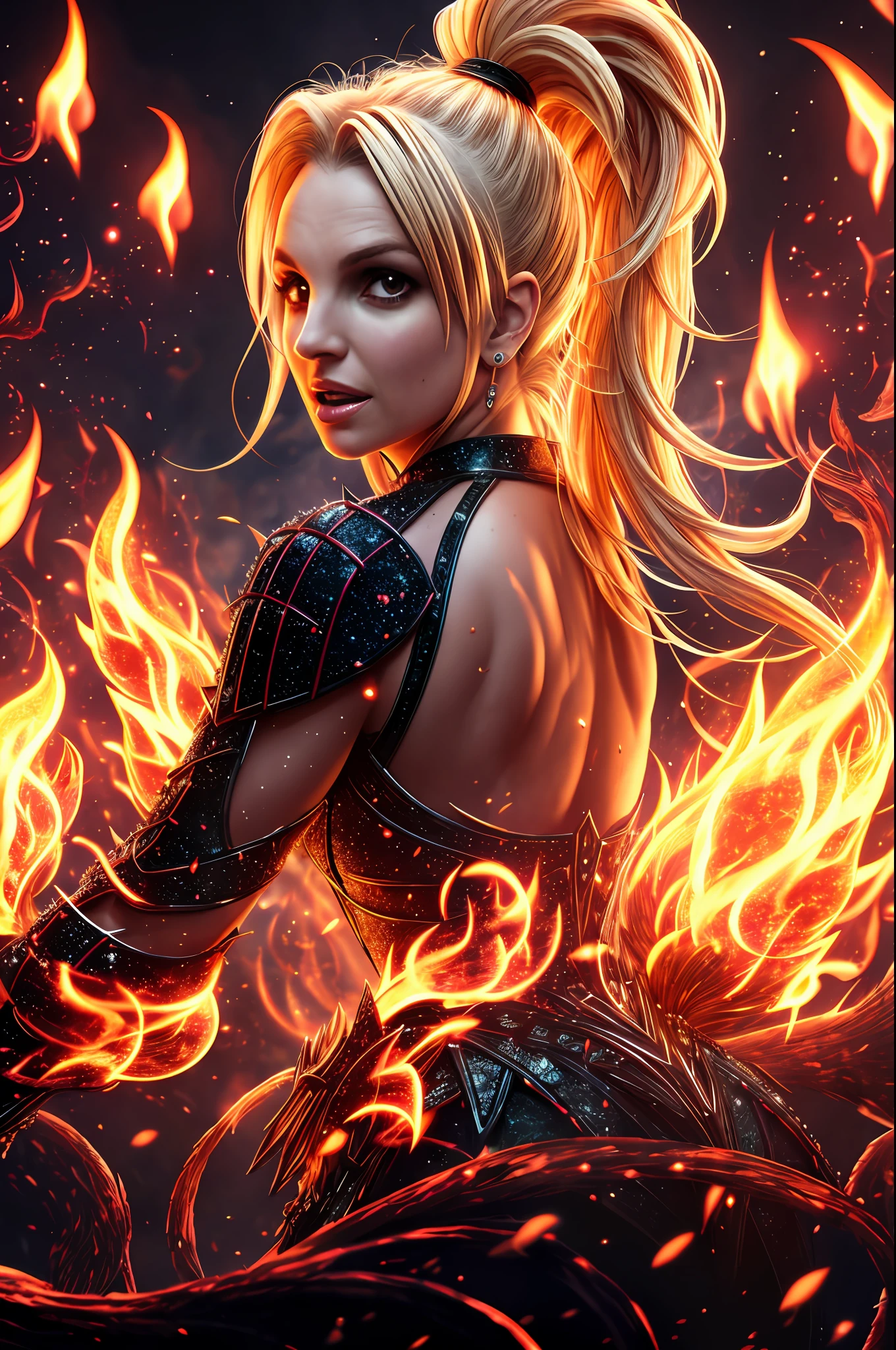 Britney Spears (extremely detailed 8k wallpaper) +, a mid-shot photo of a demonic sorceress conjuring fire in a burning and destroyed village, Intricate, High Detail, dramatic, best quality masterpiece, photorealistic, detailed, 8k, HDR, backlighting, blooming, light glows, chromatic aberration, sharp focus